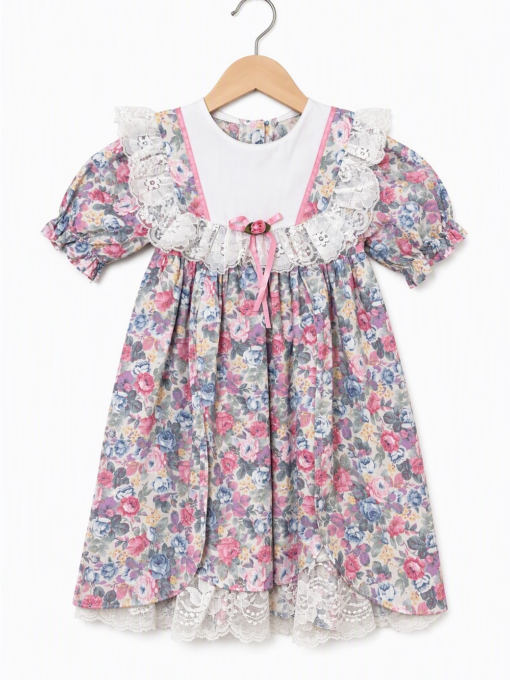 Vintage 90s Shabby Chic Floral Eyelet Lace Rosette Tiered Portrait Dress 12M-18M